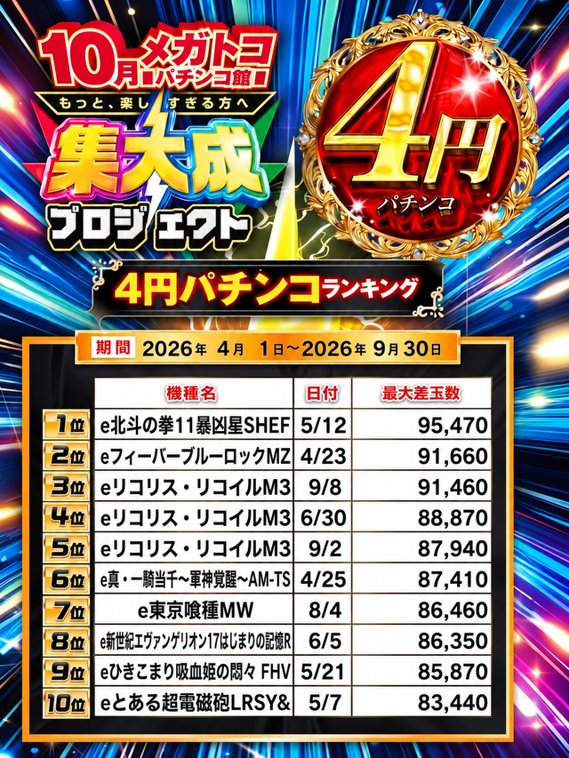10月4円パチンコランキング